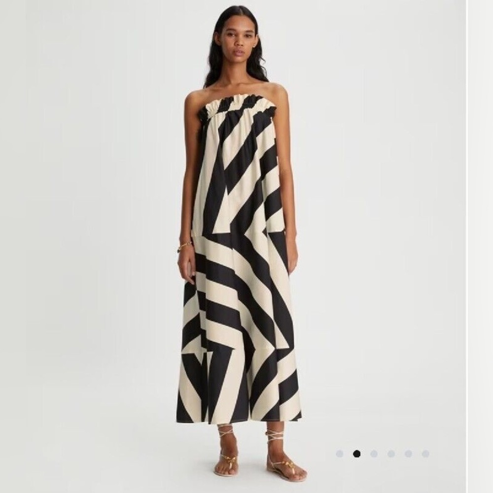 Tory Burch Strapless Elastic Wide Stripe Black Cream Maxi Dress